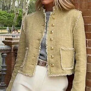 Zara khaki textured frayed jacket preppy